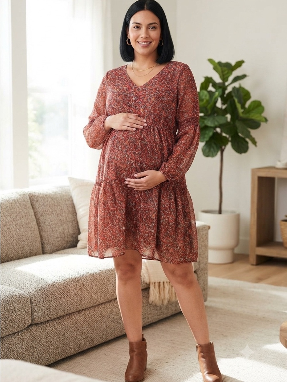 GAP Rust Paisley Maternity Mini Boho Peasant Dress